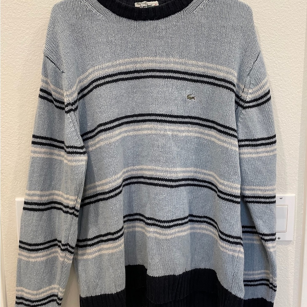 Lacoste Light Blue and Navy Striped Crewneck Sweater